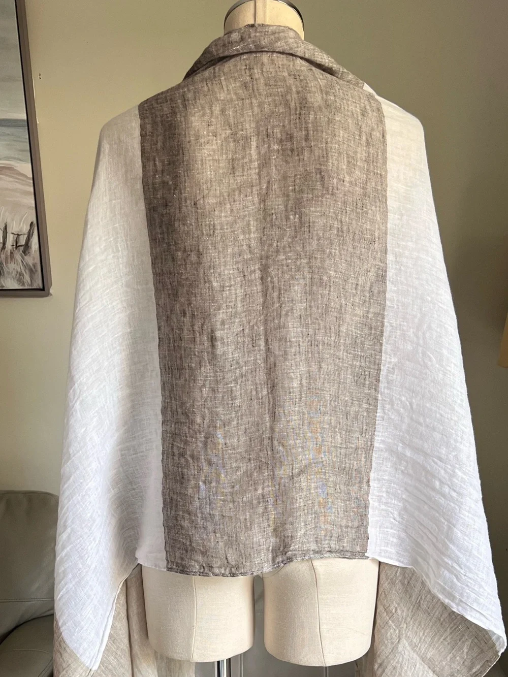 Pepito’s 100% Linen Scarf Made in Italy Lightweight White and Taupe Woven Shawl